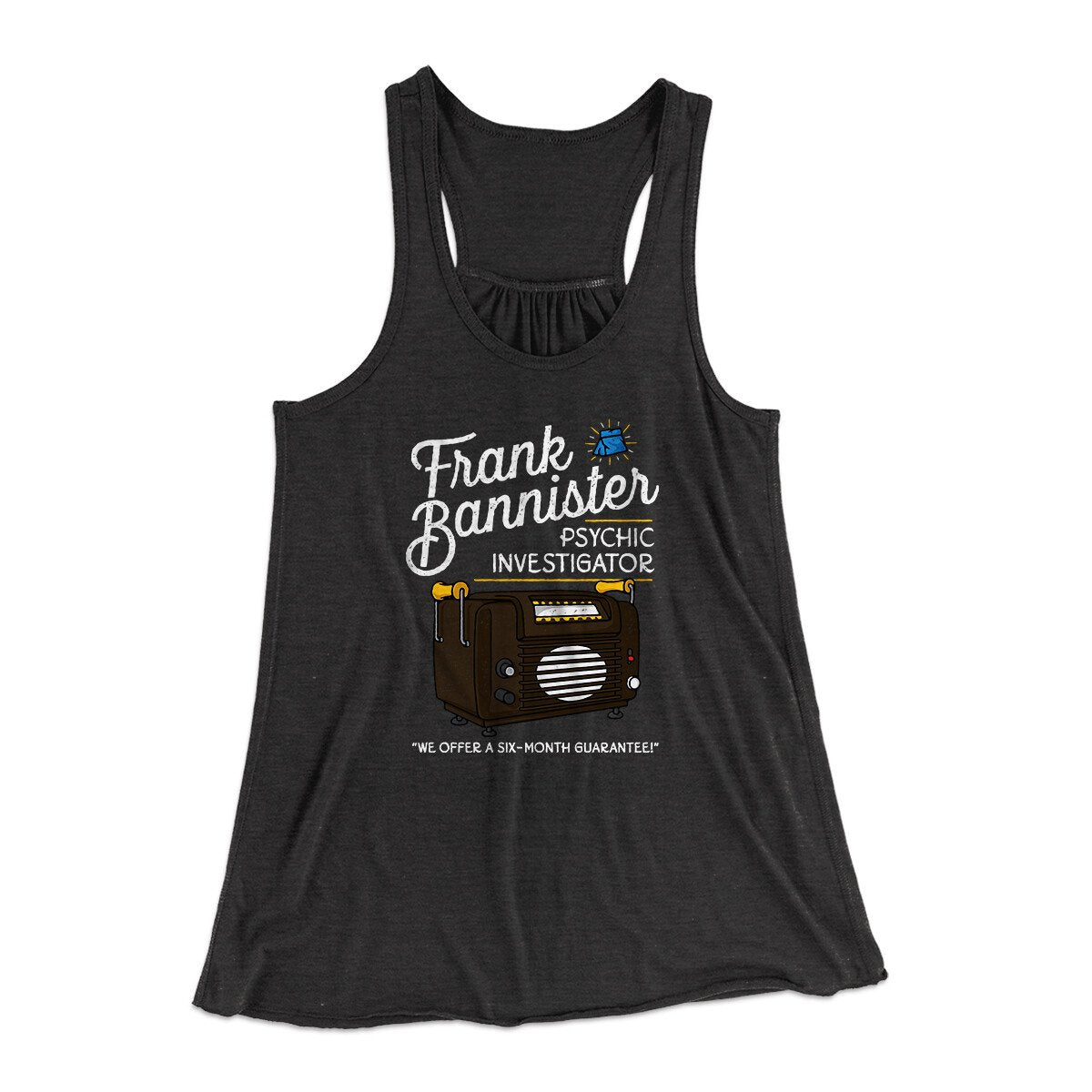 Frank Bannister Psychic Investigator Women's Flowey Racerback Tank Top Dark Grey Heather | Funny Shirt from Famous In Real Life