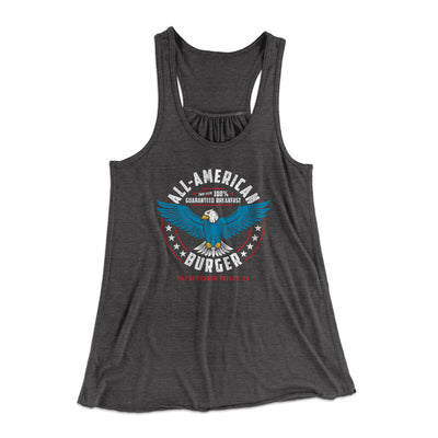 All American Burger Women's Flowey Racerback Tank Top Dark Grey Heather | Funny Shirt from Famous In Real Life