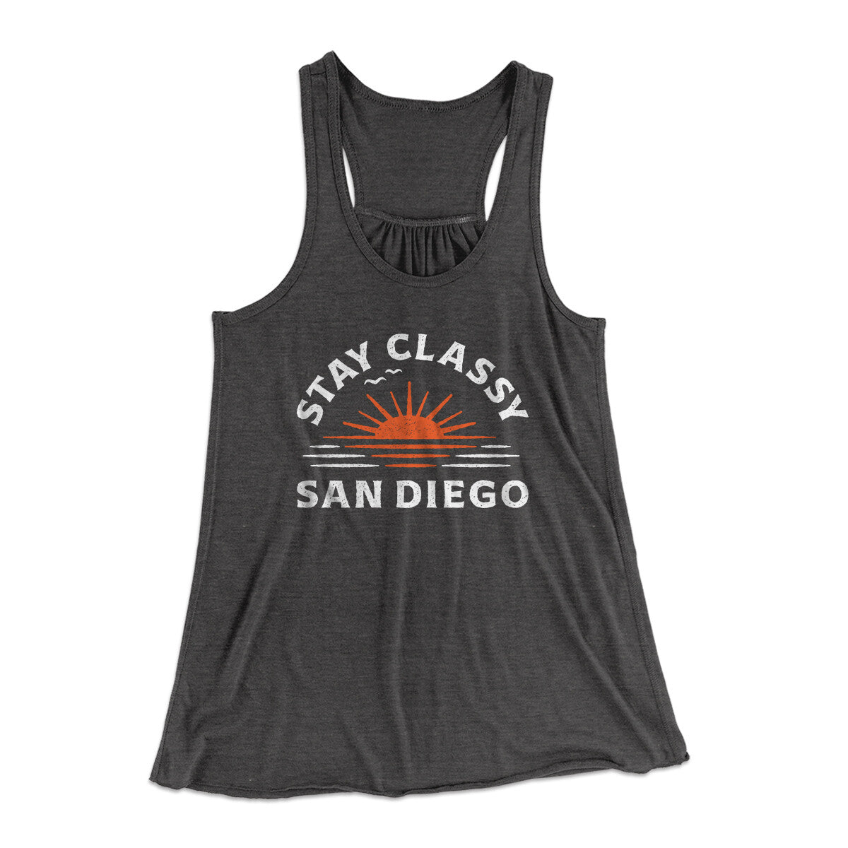 Stay Classy San Diego Women's Flowey Racerback Tank Top Dark Grey Heather | Funny Shirt from Famous In Real Life