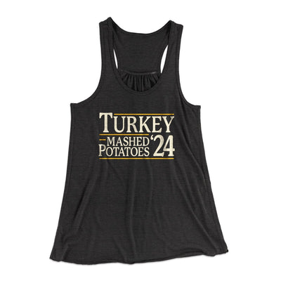 Turkey & Mashed Potatoes 2024 Women's Flowey Racerback Tank Top Dark Grey Heather | Funny Shirt from Famous In Real Life