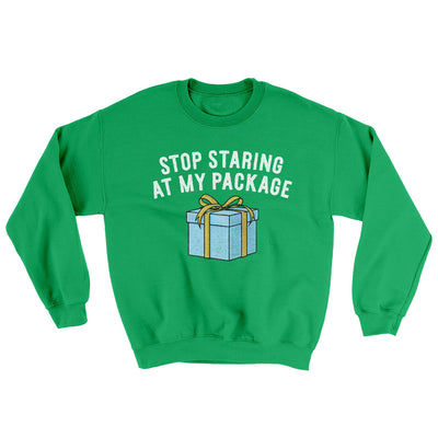 Stop Staring At My Package Ugly Sweater Irish Green | Funny Shirt from Famous In Real Life