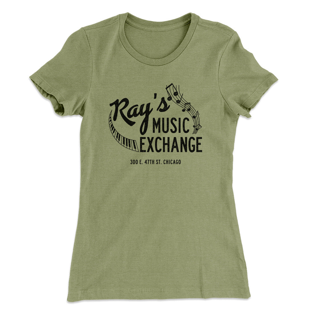Rays Music Exchange Women's T-Shirt Light Olive | Funny Shirt from Famous In Real Life