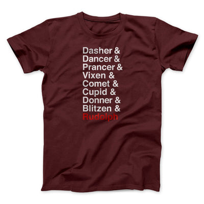 Reindeer Names Men/Unisex T-Shirt Maroon | Funny Shirt from Famous In Real Life