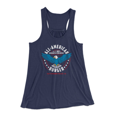 All American Burger Women's Flowey Racerback Tank Top Midnight | Funny Shirt from Famous In Real Life