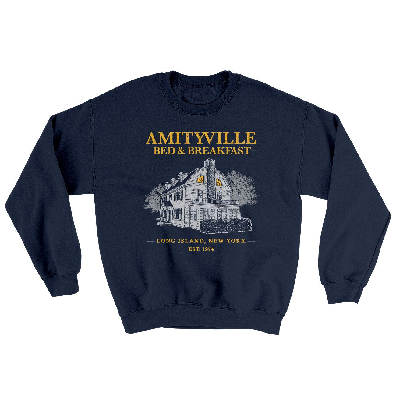 Amityville Bed And Breakfast Ugly Sweater Navy | Funny Shirt from Famous In Real Life