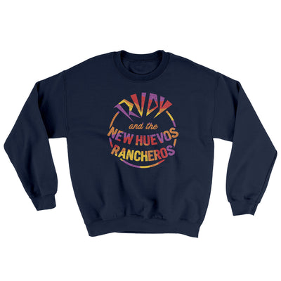 Rudy And The New Huevo Rancheros Ugly Sweater Navy | Funny Shirt from Famous In Real Life
