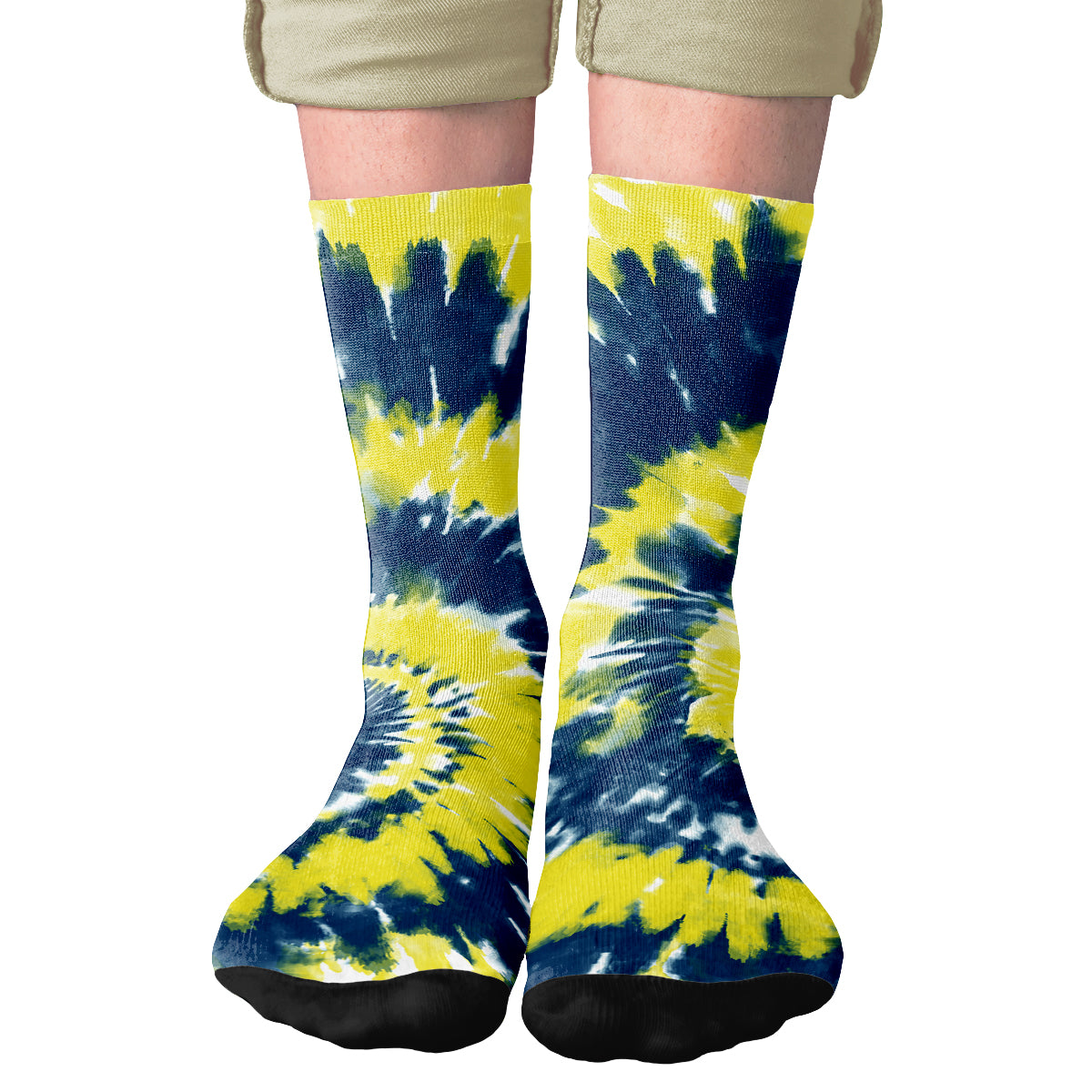 Navy Blue & Yellow Tie Dye Adult Crew Socks | Funny Shirt from Famous In Real Life