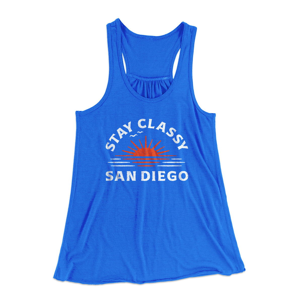 Stay Classy San Diego Women's Flowey Racerback Tank Top True Royal | Funny Shirt from Famous In Real Life