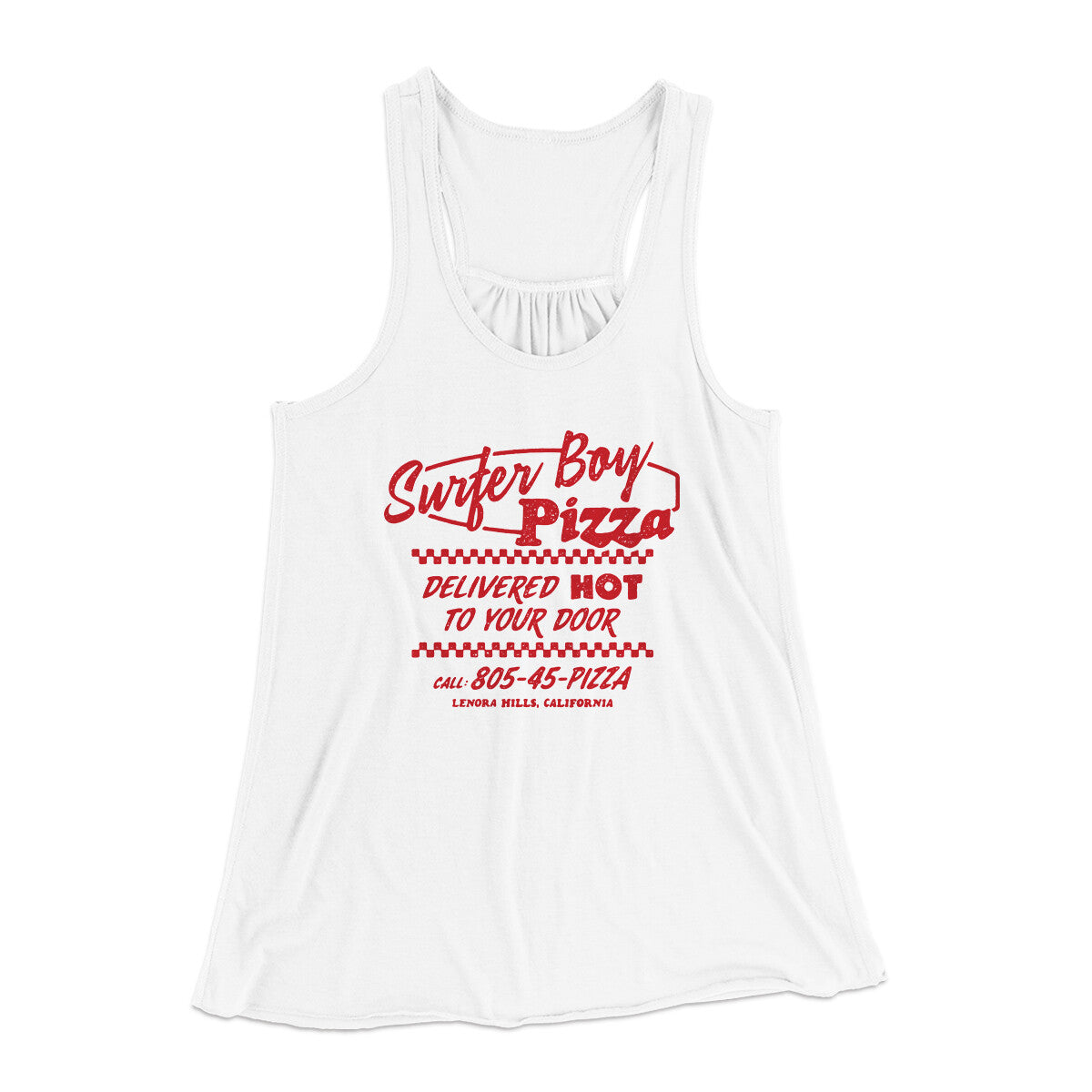 Surfer Boy Pizza Women's Flowey Racerback Tank Top | Funny Shirt from Famous In Real Life